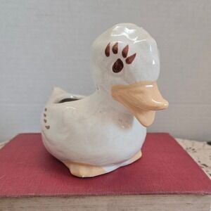 Vintage Ceramic Duck Planter Cream Brown‎ Crazed Glaze